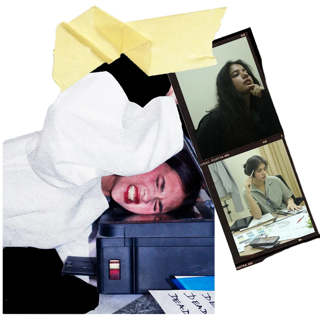 Collage of a person with a pink face, a suitcase, and a woman at a desk.